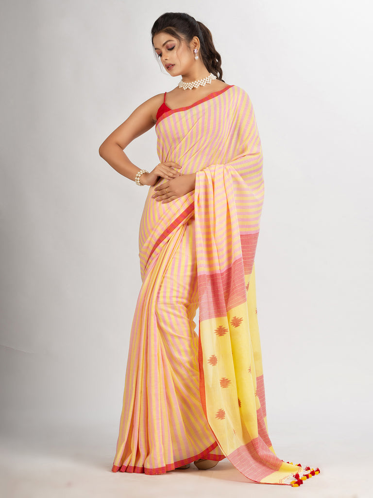 Women's Pink yollow Stipe Handwoven Cotton Jamdani handloom Saree