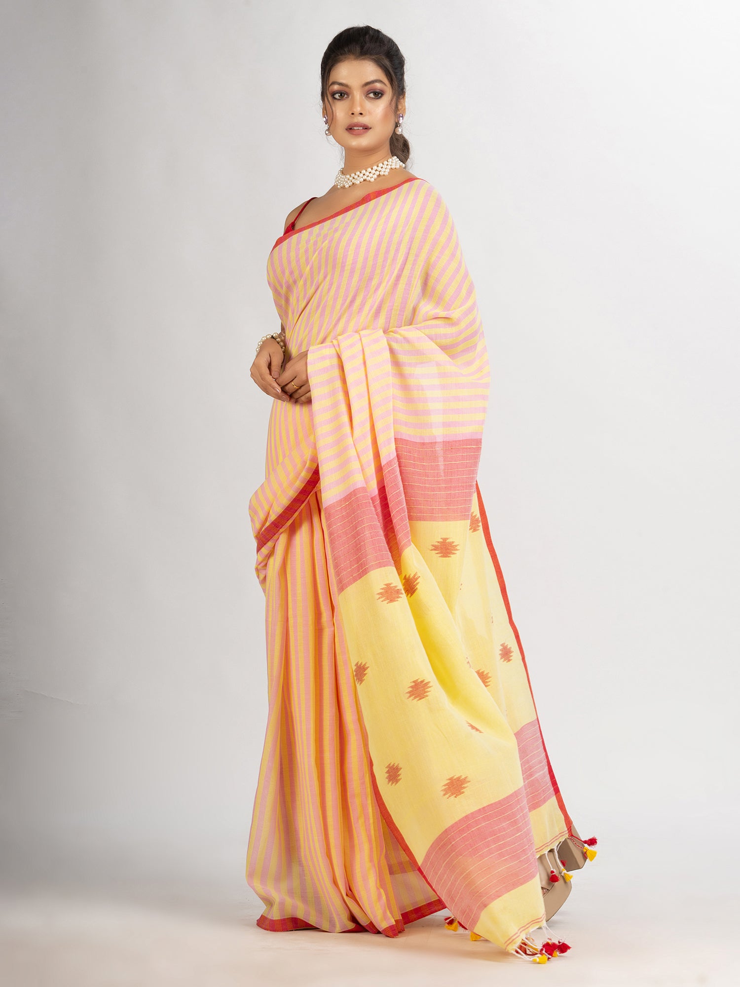 Women's Pink yollow Stipe Handwoven Cotton Jamdani handloom Saree - Angoshobha