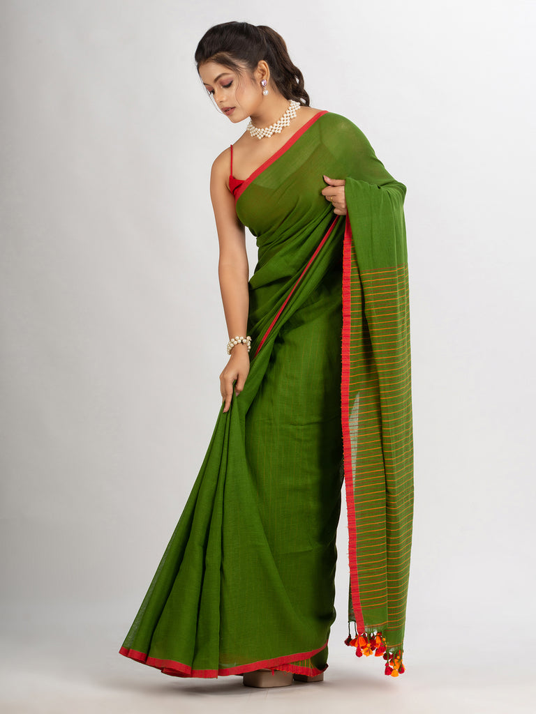 Women's Pista Green Handwoven Cotton Stipe handloom Saree