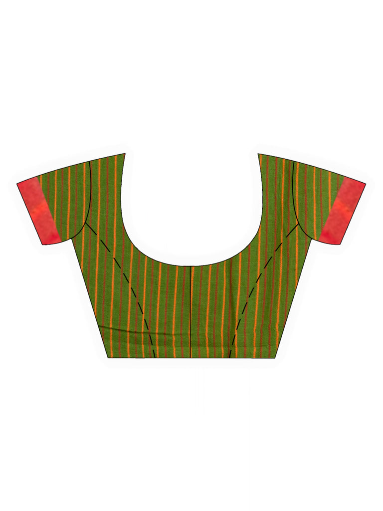 Women's Pista Green Handwoven Cotton Stipe handloom Saree
