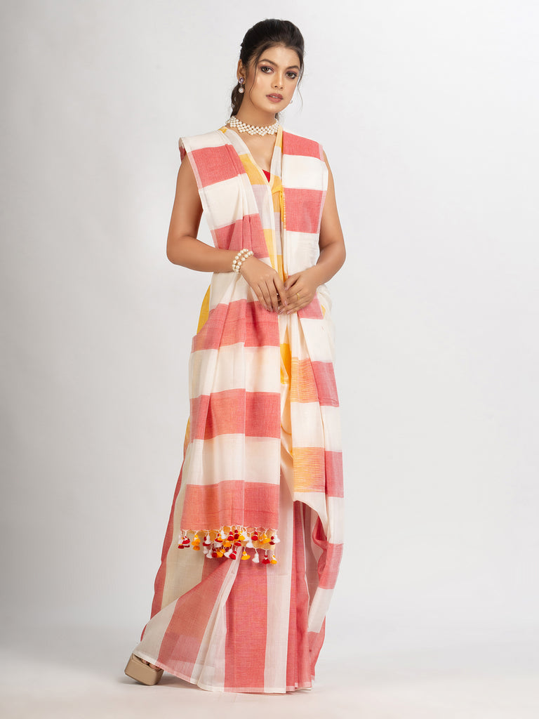 Women's White Yollow and Red Stipe Cotton handloom Saree