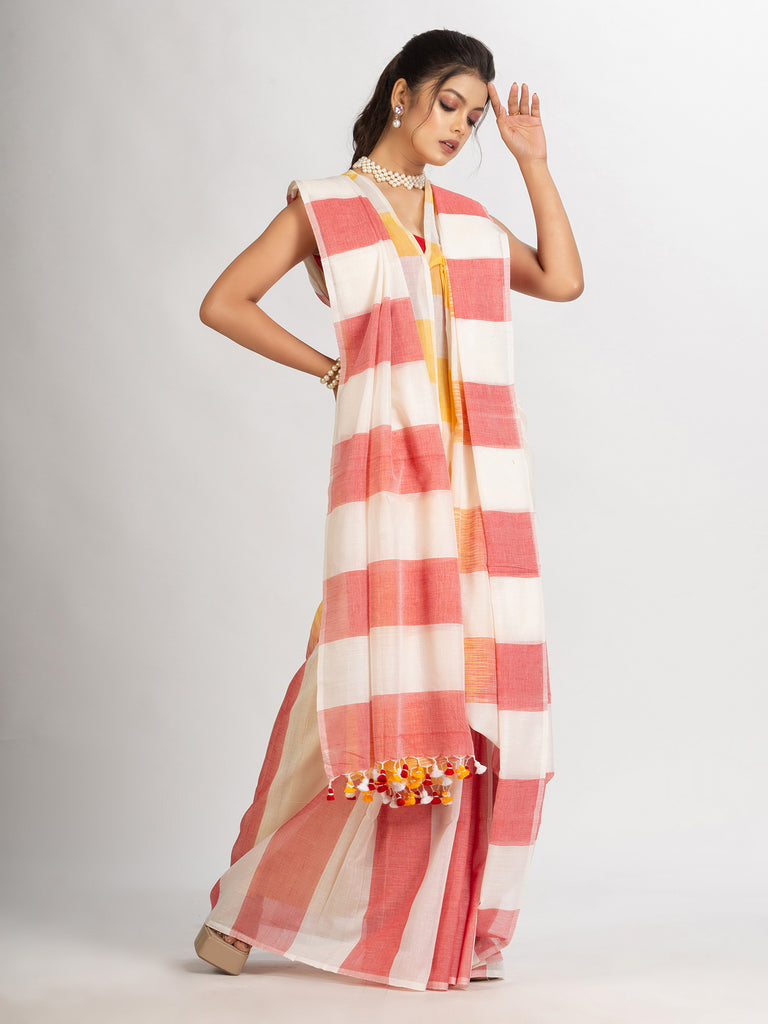 Women's White Yollow and Red Stipe Cotton handloom Saree