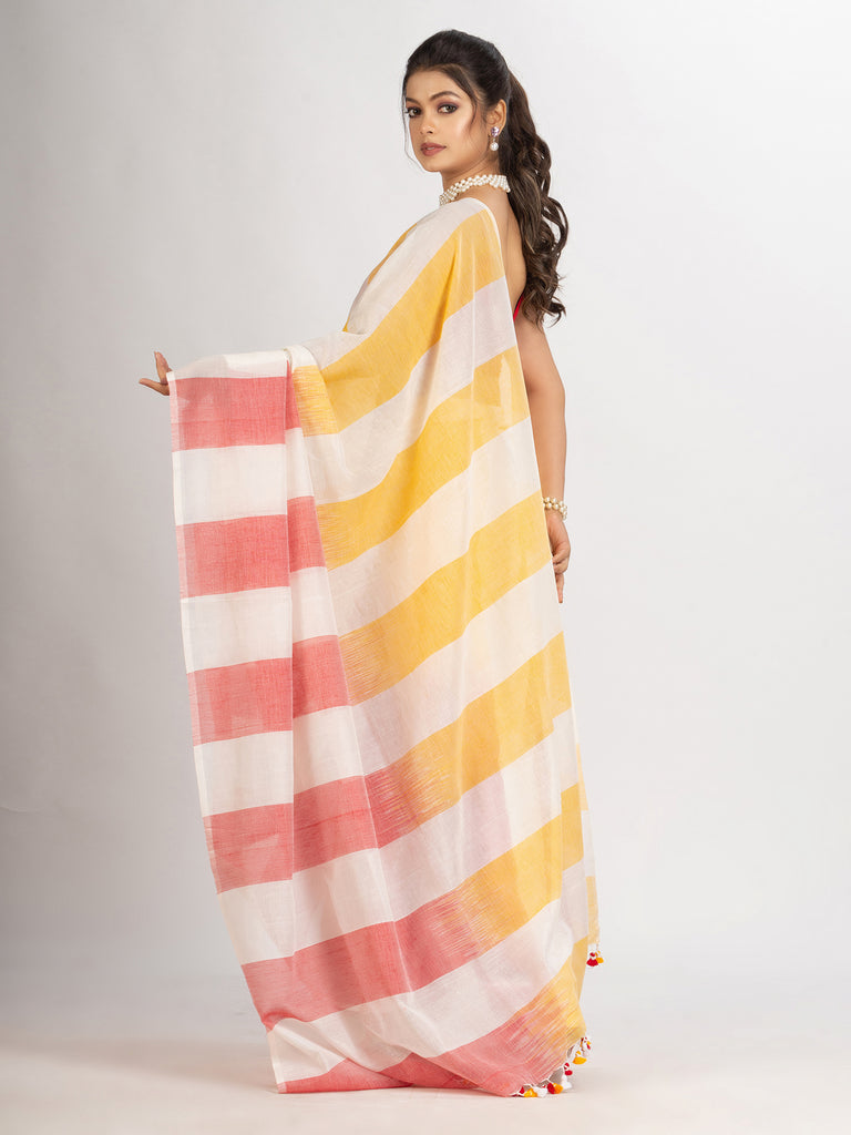 Women's White Yollow and Red Stipe Cotton handloom Saree
