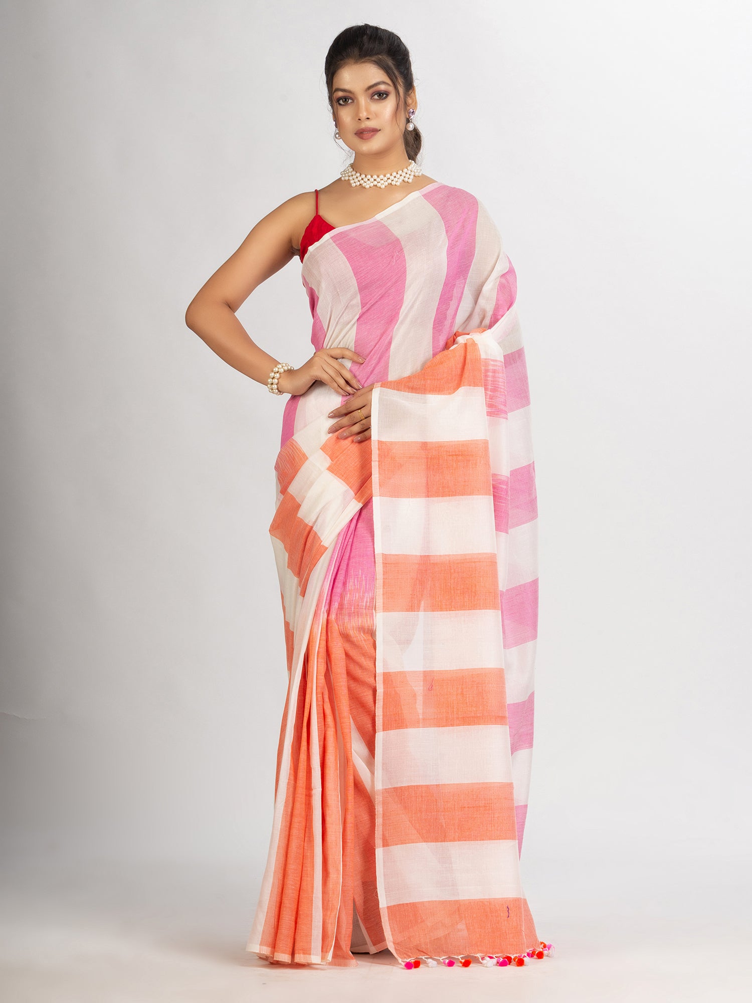 Women's White pink And Orange Stipe Cotton handloom Saree - Angoshobha