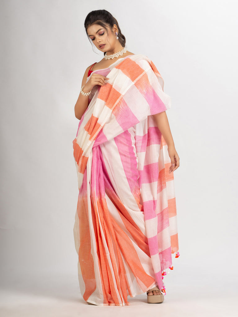 Women's White pink And Orange Stipe Cotton handloom Saree