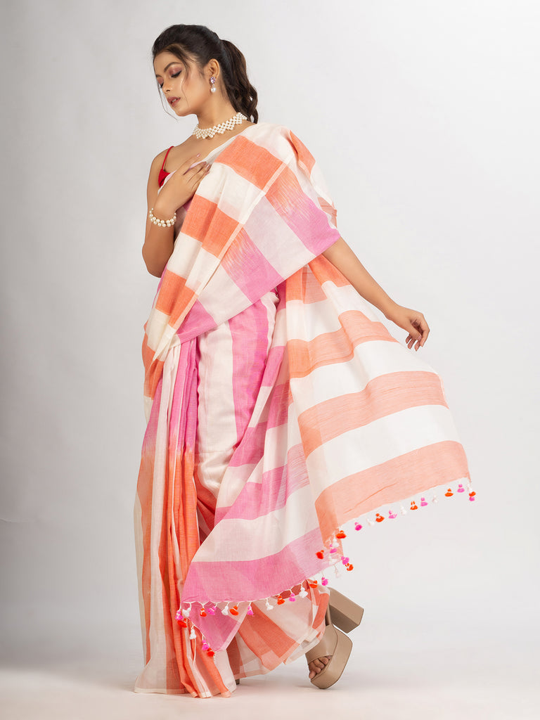 Women's White pink And Orange Stipe Cotton handloom Saree