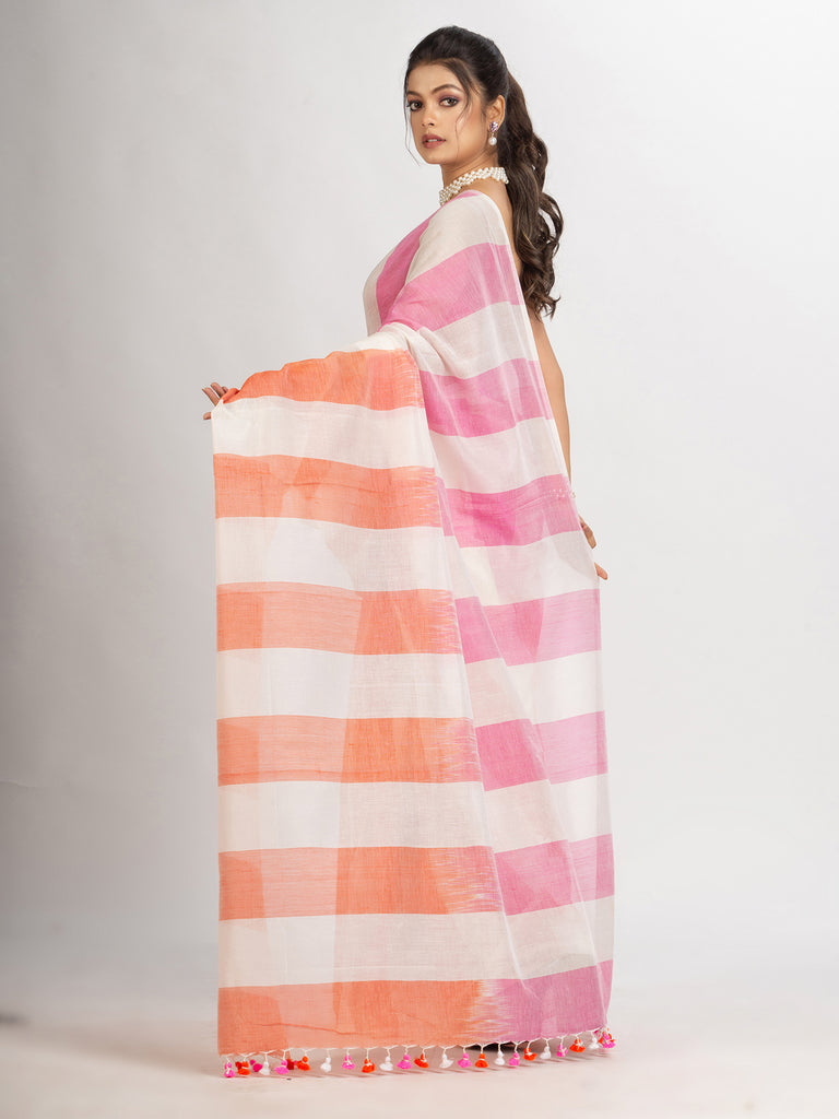 Women's White pink And Orange Stipe Cotton handloom Saree