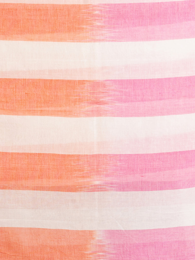 Women's White pink And Orange Stipe Cotton handloom Saree