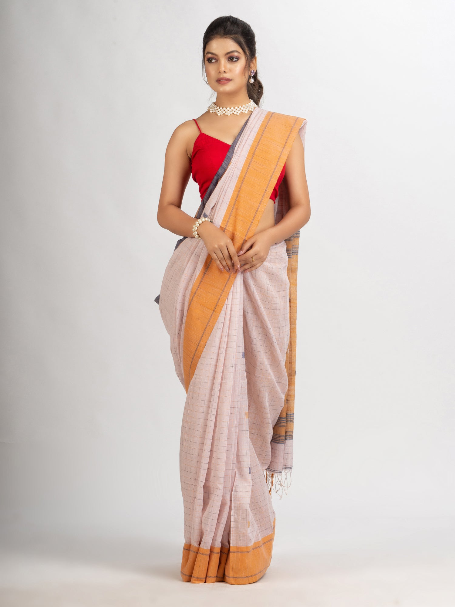 Women's Faded Pink Handwoven Cotton Jamdani handloom Saree - Angoshobha