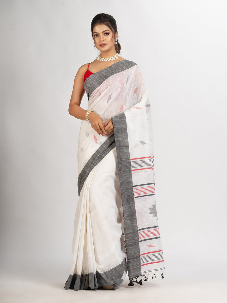 Women's White Handwoven Cotton Jamdani handloom Saree