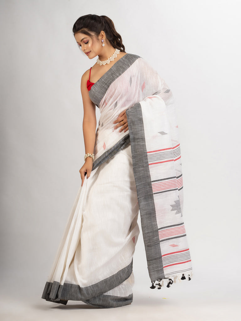 Women's White Handwoven Cotton Jamdani handloom Saree