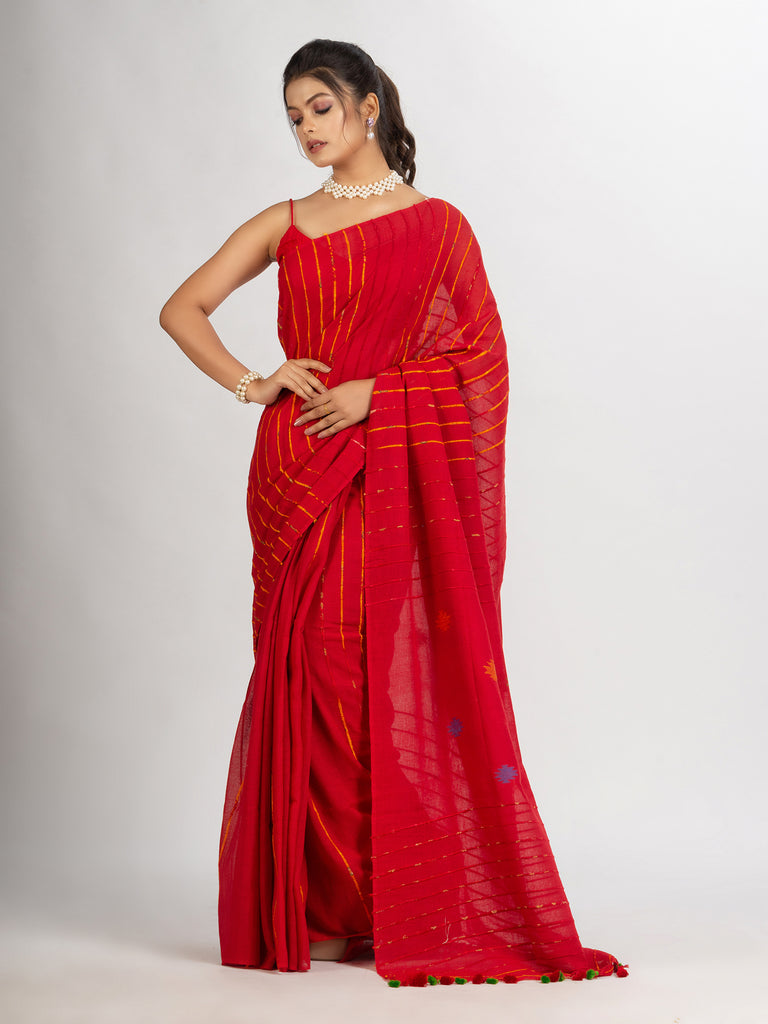 Women's Red Handwoven Cotton Jamdani handloom Saree
