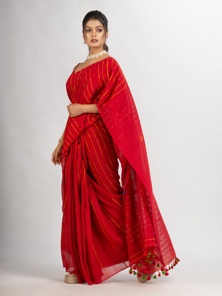 Women's Red Handwoven Cotton Jamdani handloom Saree