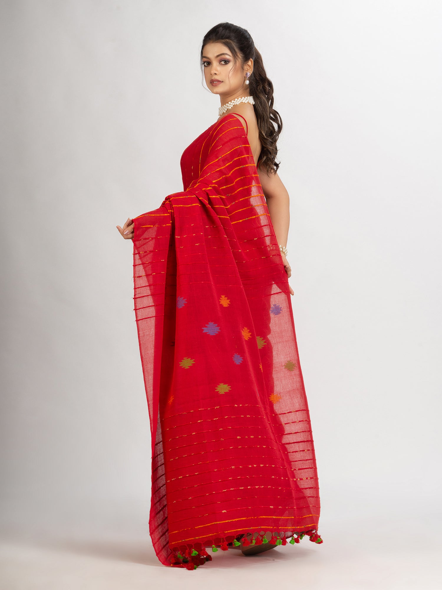 Women's Red Handwoven Cotton Jamdani handloom Saree - Angoshobha