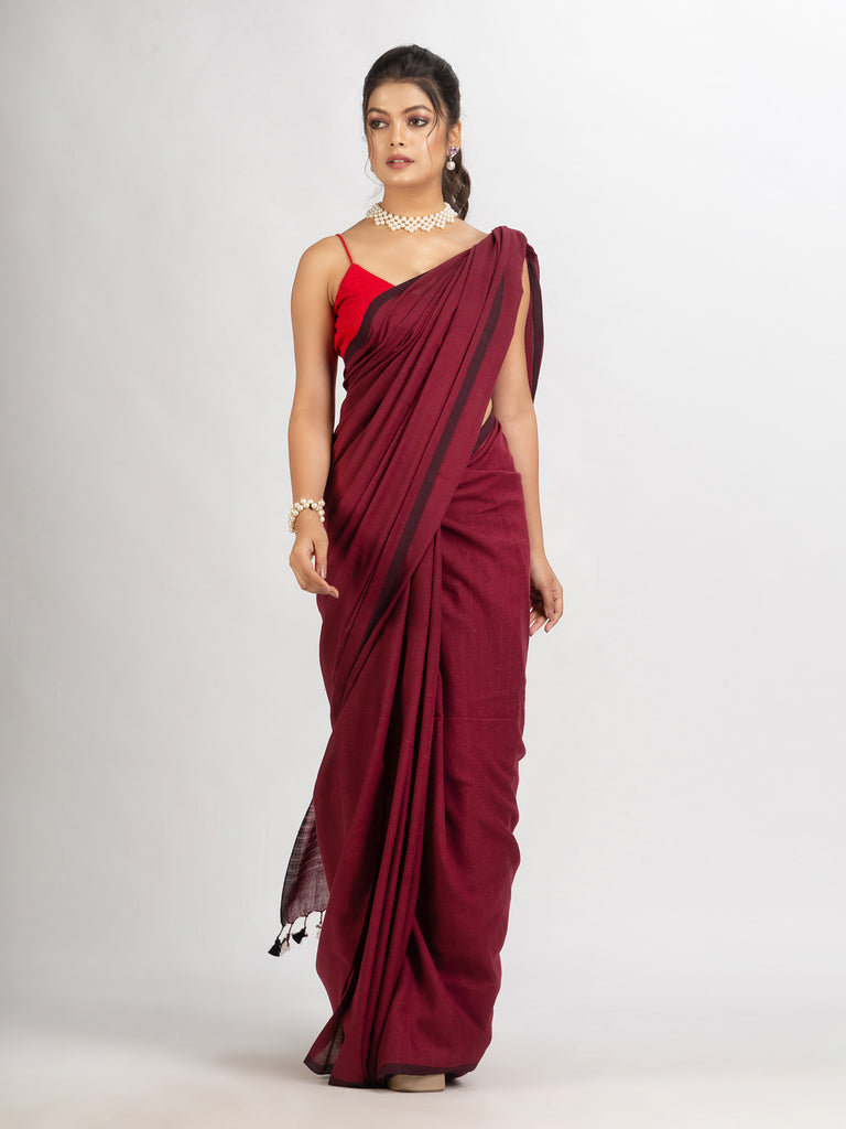 Women's Maroon Handwoven Cotton Stipe handloom Saree