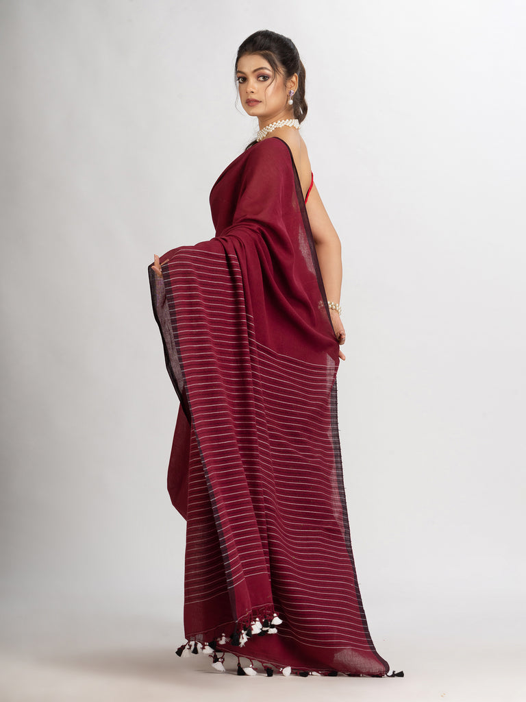 Women's Maroon Handwoven Cotton Stipe handloom Saree