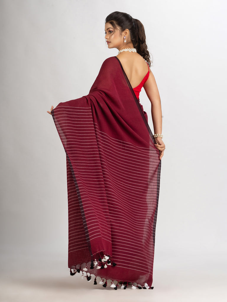 Women's Maroon Handwoven Cotton Stipe handloom Saree
