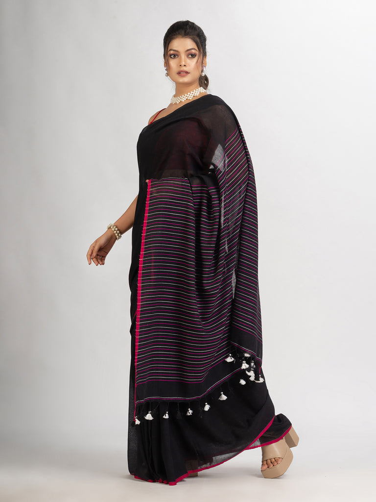 Women's Black Handwoven Cotton Stipe handloom Saree