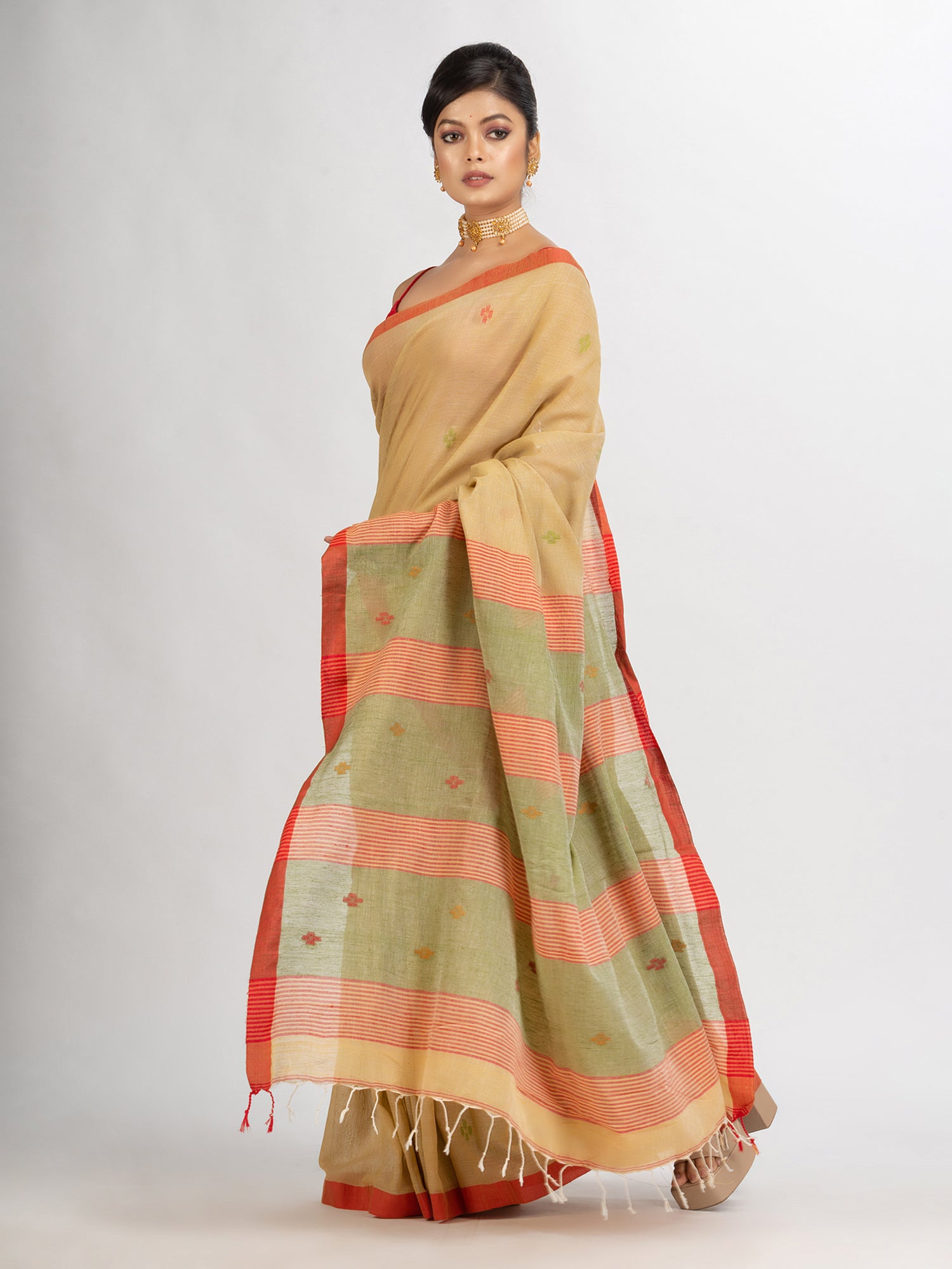 Women's Natural Tussar Colour Handwoven Cotton Jamdani handloom Saree - Angoshobha