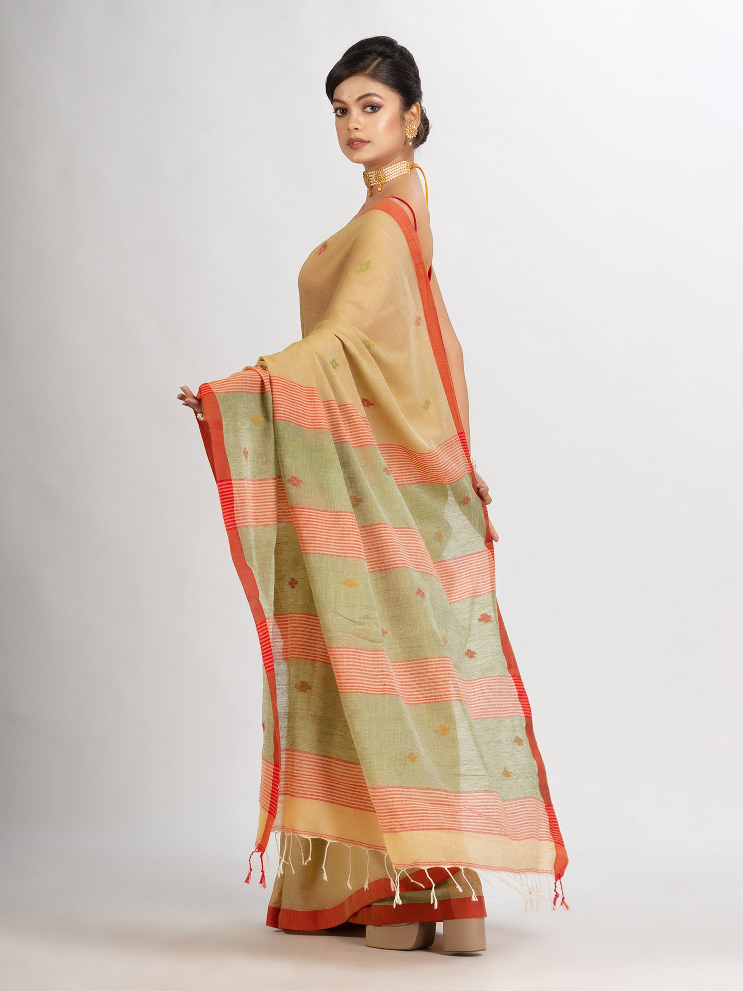 Women's Natural Tussar Colour Handwoven Cotton Jamdani handloom Saree - Angoshobha