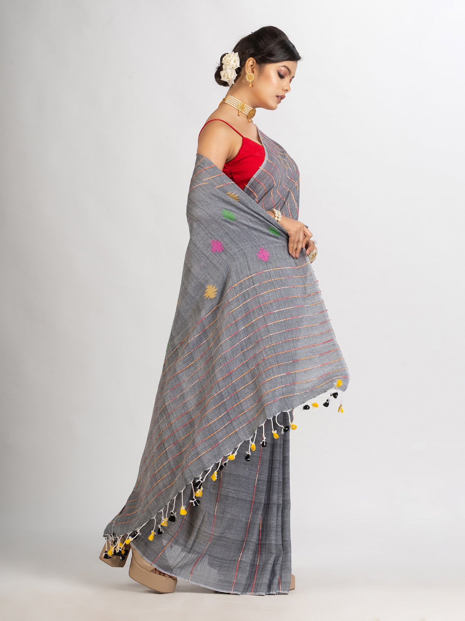 Women's Grey Handwoven Cotton Jamdani handloom Saree - Angoshobha