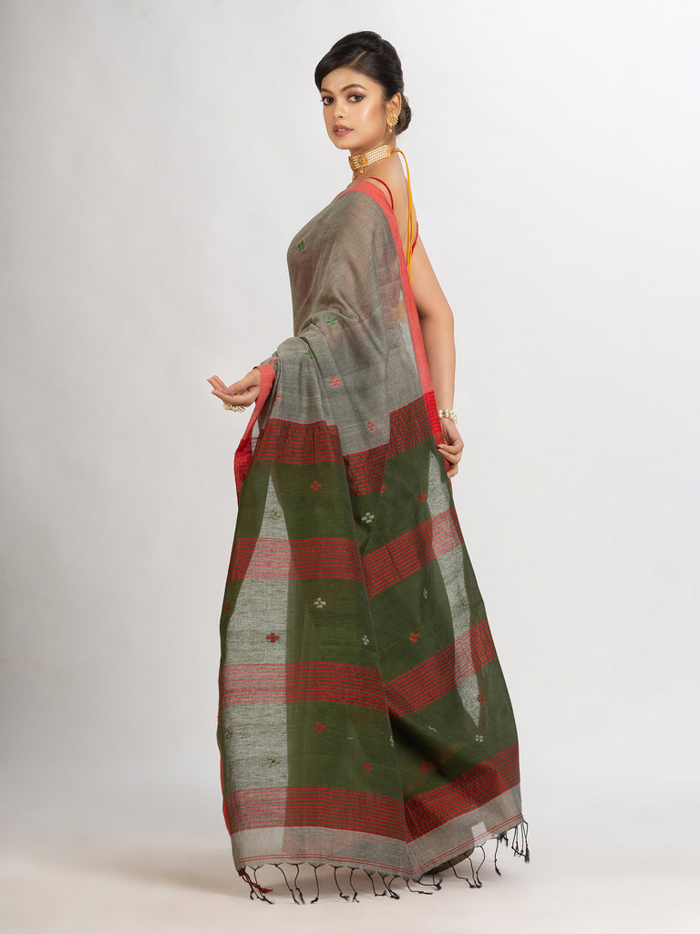 Women's Grey Handwoven Cotton Jamdani handloom Saree