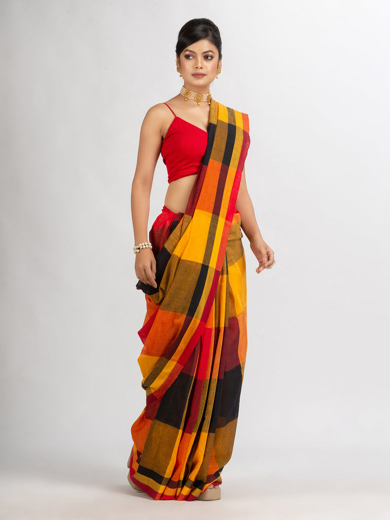 Women's Black Red And Yollow Multi Colour Check handloom Saree