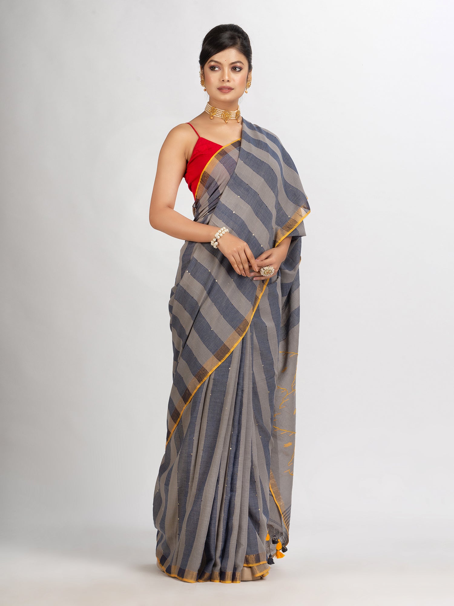 Women's Gray And Blue Stipe Handwoven Cotton Jamdani handloom Saree - Angoshobha