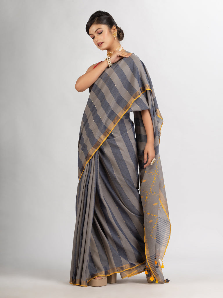 Women's Gray And Blue Stipe Handwoven Cotton Jamdani handloom Saree