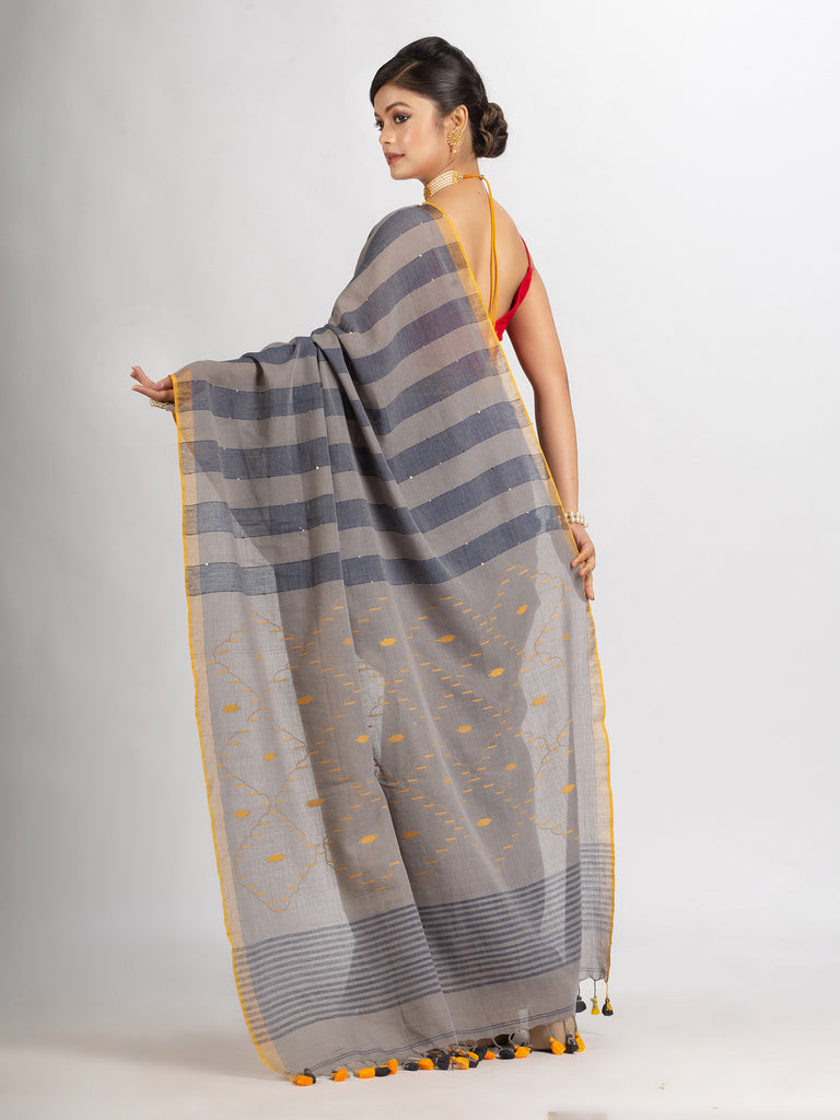 Women's Gray And Blue Stipe Handwoven Cotton Jamdani handloom Saree