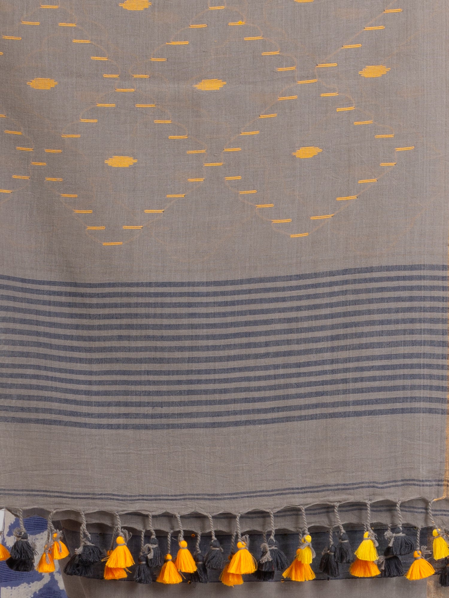 Women's Gray And Blue Stipe Handwoven Cotton Jamdani handloom Saree - Angoshobha