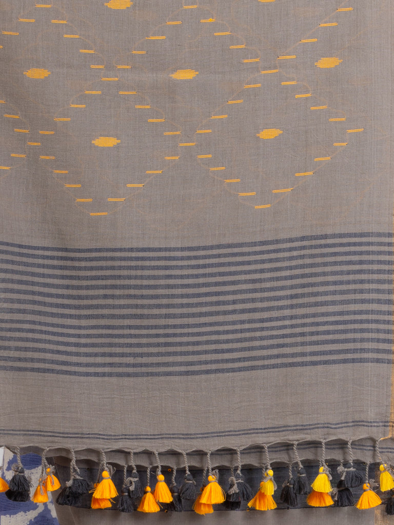 Women's Gray And Blue Stipe Handwoven Cotton Jamdani handloom Saree