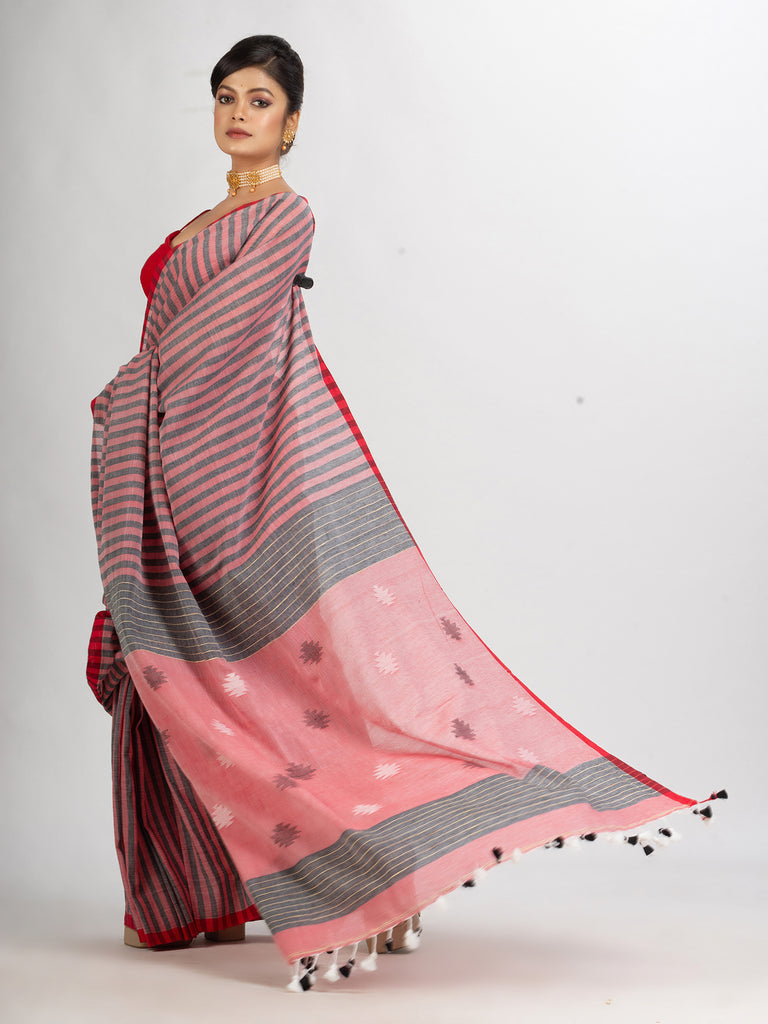 Women's Red And Black Stipe Handwoven Cotton Jamdani handloom Saree