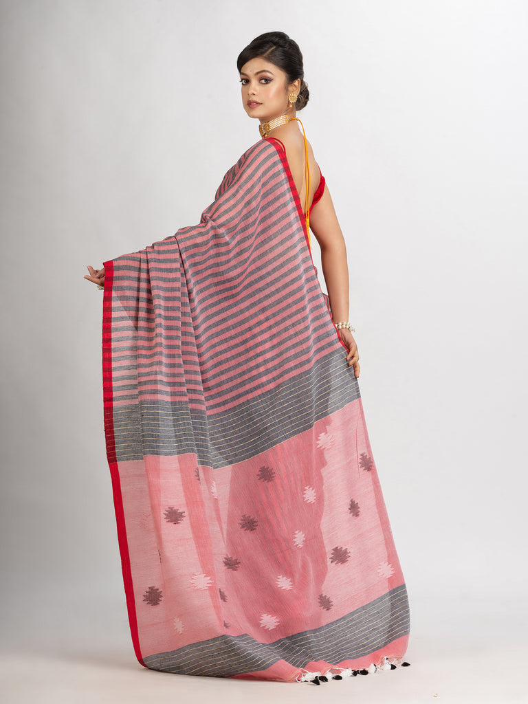 Women's Red And Black Stipe Handwoven Cotton Jamdani handloom Saree