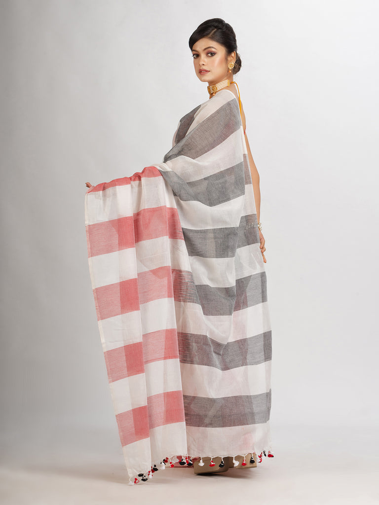 Women's White Black And Red Stipe Cotton handloom Saree
