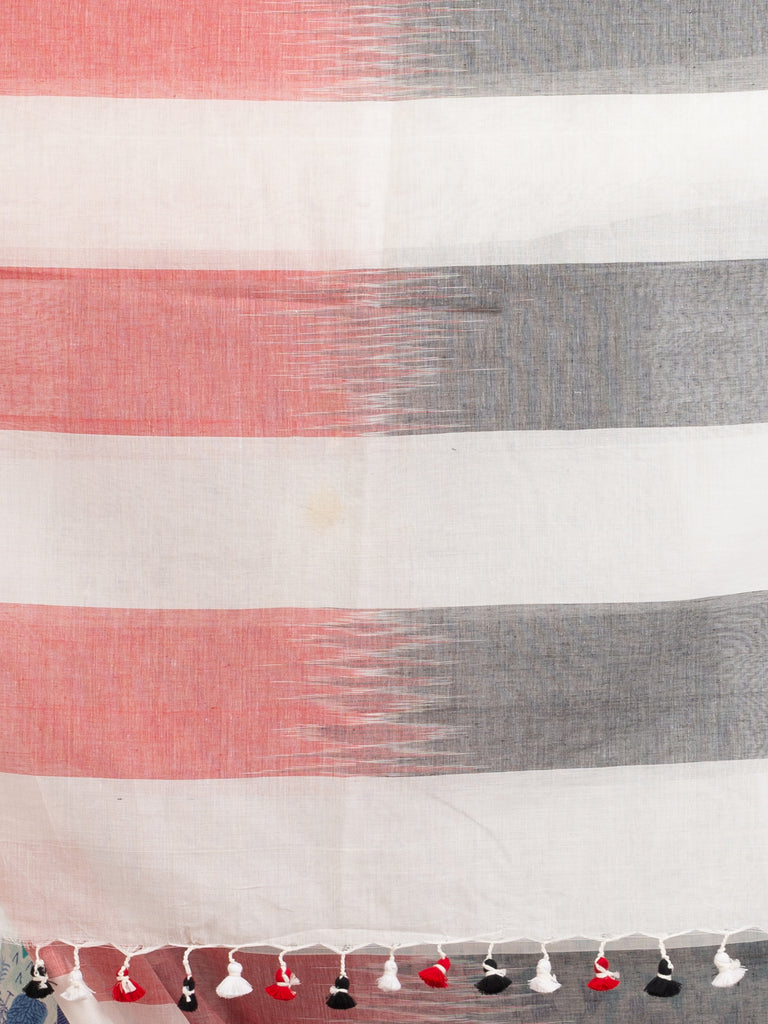 Women's White Black And Red Stipe Cotton handloom Saree