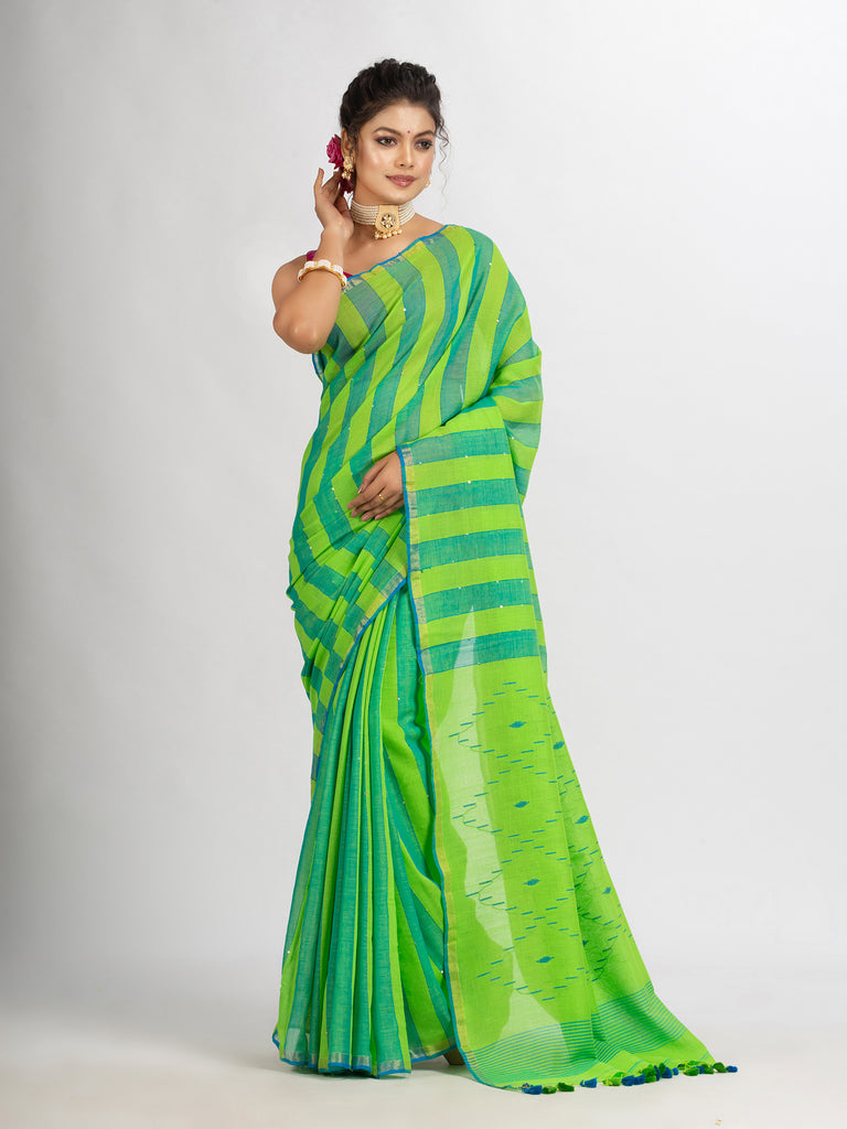 Women's Parrot green And Sky Blue Stipe Handwoven Cotton Jamdani handloom Saree