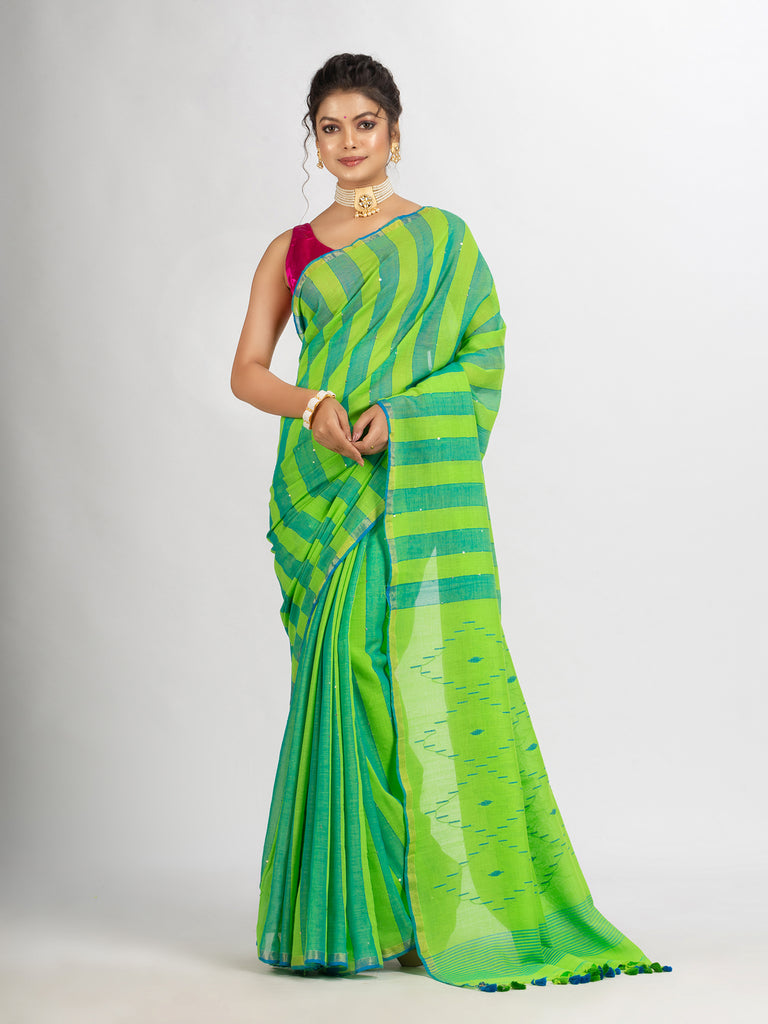 Women's Parrot green And Sky Blue Stipe Handwoven Cotton Jamdani handloom Saree