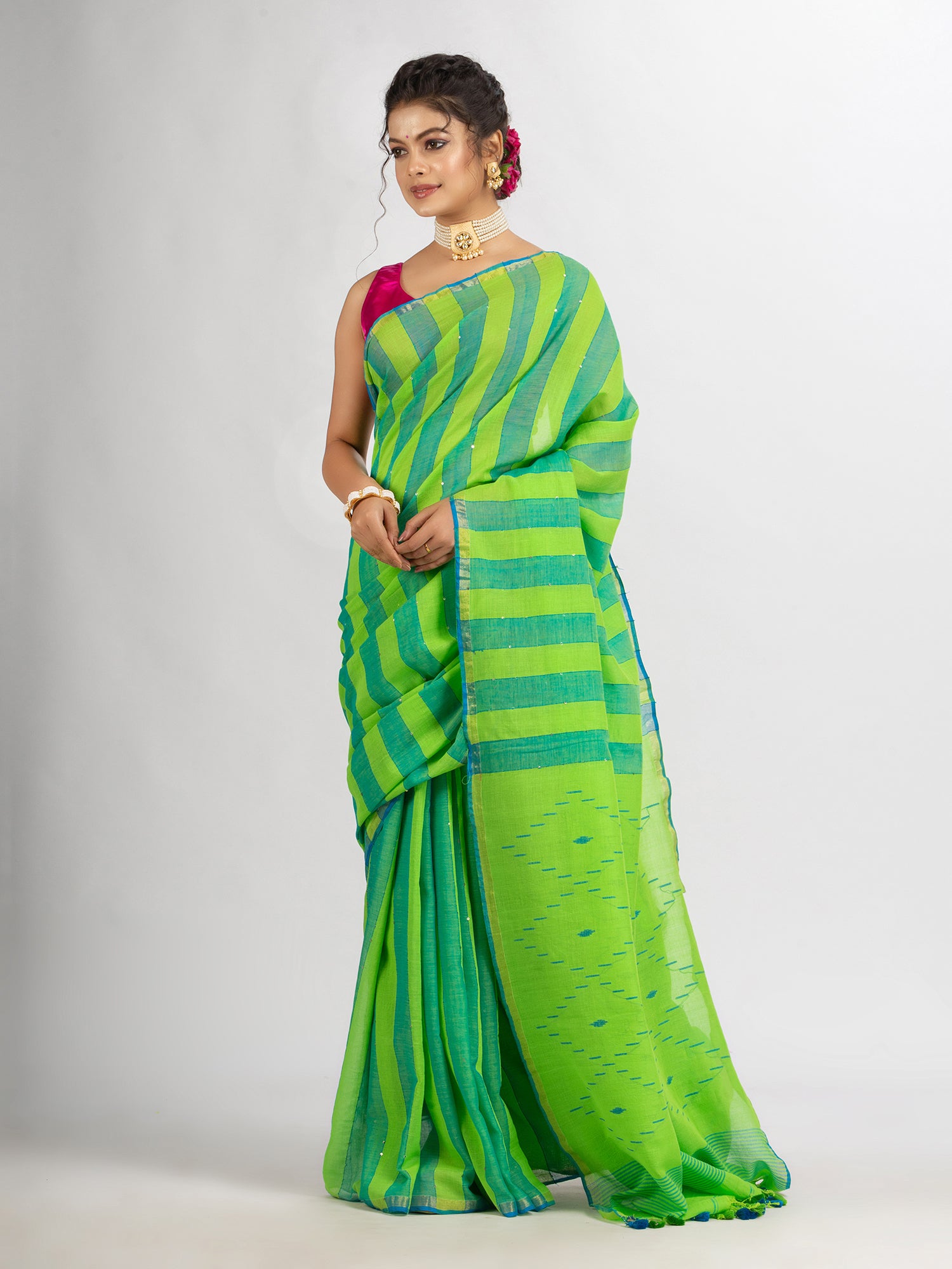 Women's Parrot green And Sky Blue Stipe Handwoven Cotton Jamdani handloom Saree - Angoshobha