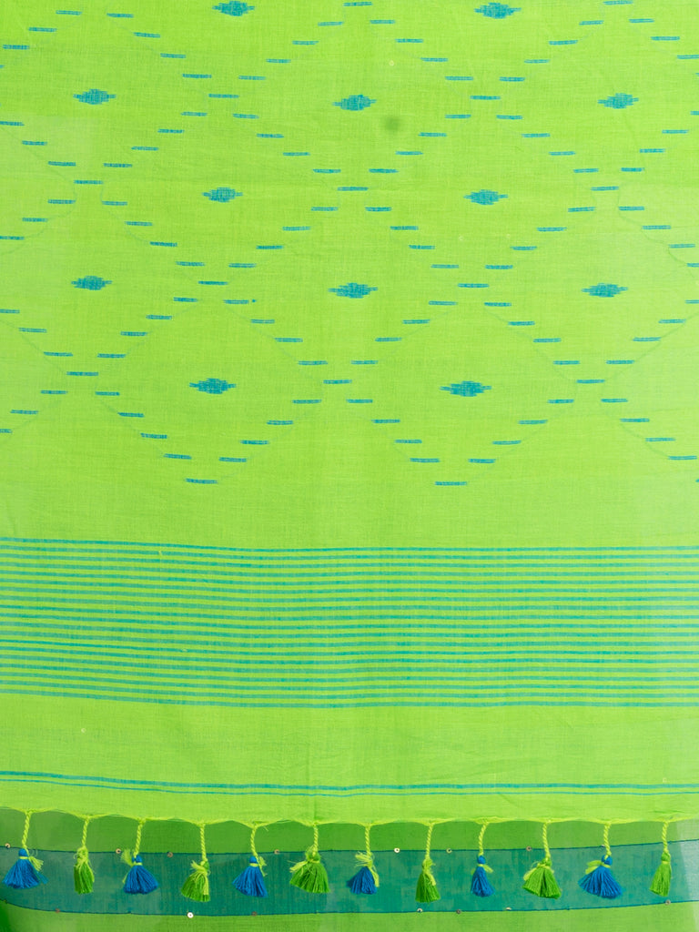 Women's Parrot green And Sky Blue Stipe Handwoven Cotton Jamdani handloom Saree