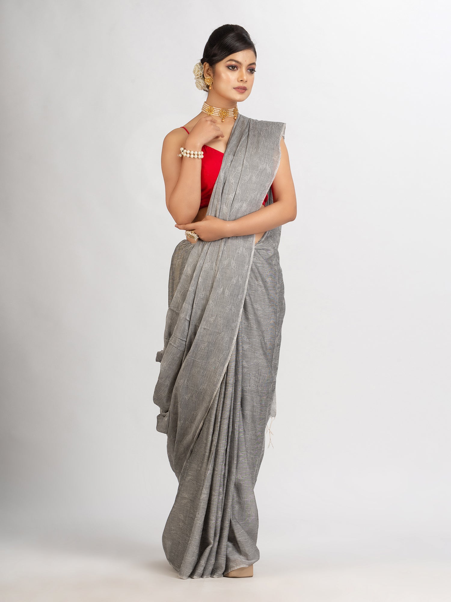 Women's Gray Cotton Jacquard handloom Saree - Angoshobha