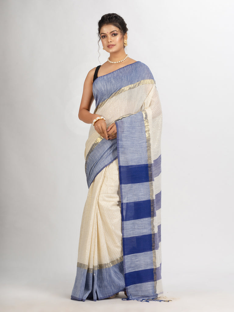 Women's White And Rolex Cotton Check Handloom Saree
