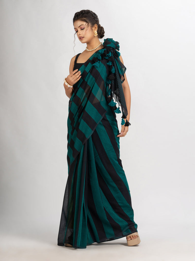 Women's Raja And Black Stipe Handwoven Cotton handloom Saree