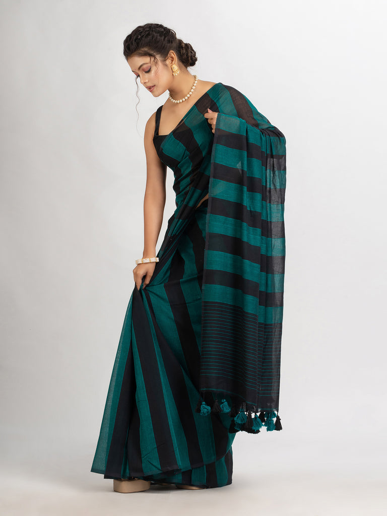 Women's Raja And Black Stipe Handwoven Cotton handloom Saree