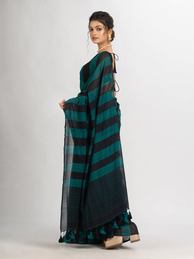 Women's Raja And Black Stipe Handwoven Cotton handloom Saree