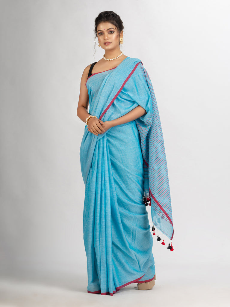 Women's Sky Blue Handwoven Cotton Stipe handloom Saree