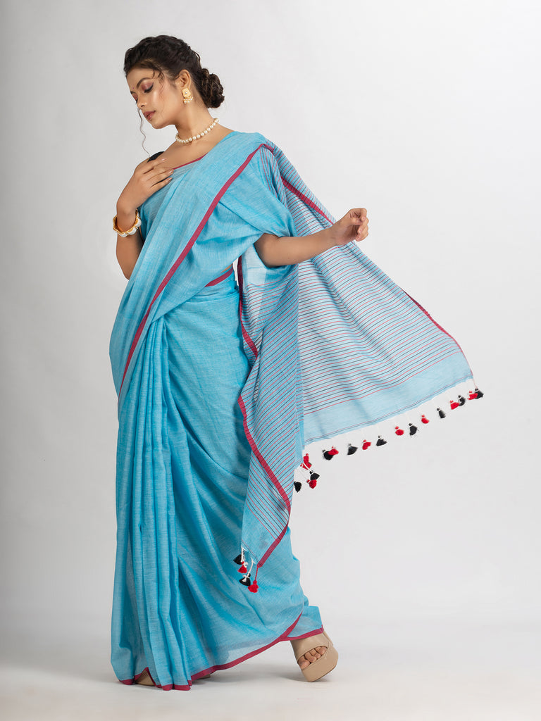 Women's Sky Blue Handwoven Cotton Stipe handloom Saree