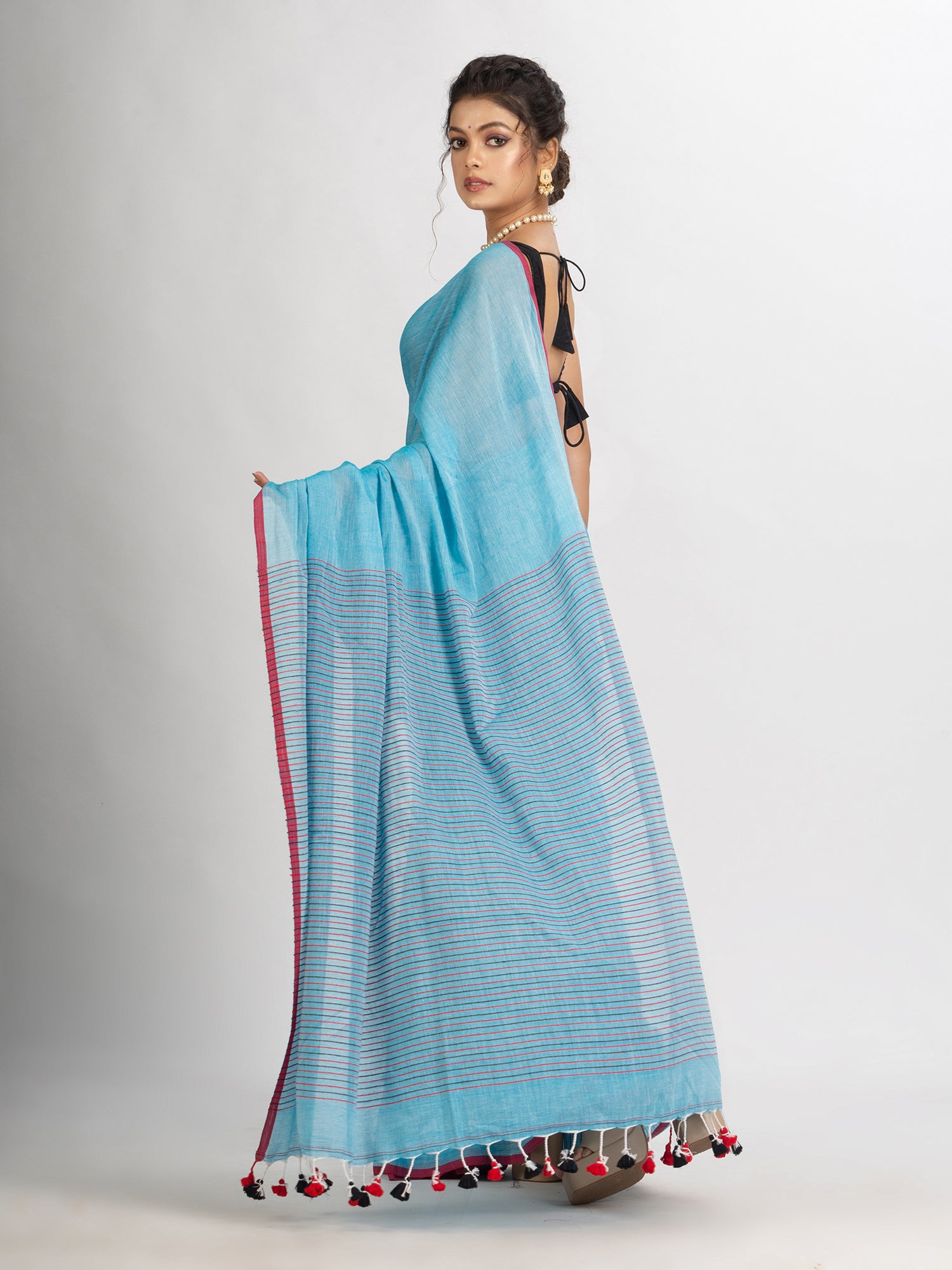 Women's Sky Blue Handwoven Cotton Stipe handloom Saree - Angoshobha