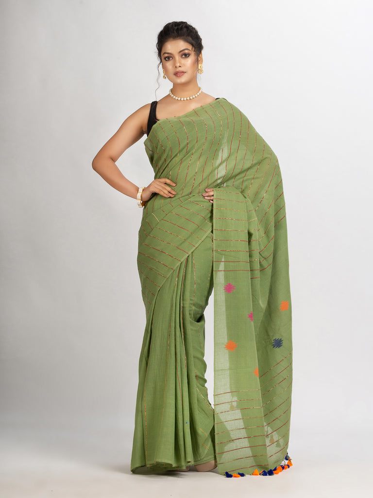 Women's Sage Green Handwoven Cotton Jamdani handloom Saree