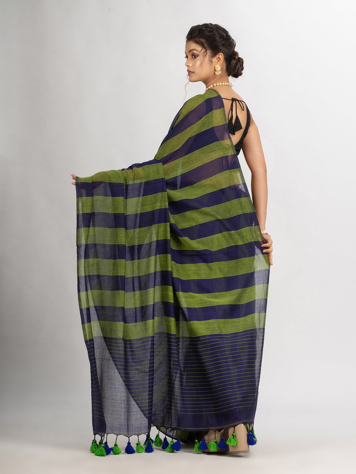 Women's Lemon And Blue Stipe Handwoven Cotton handloom Saree - Angoshobha